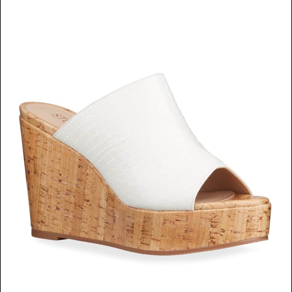 Stuart Weitzman Margarite White Croc-Print Wedge Mule Sandals